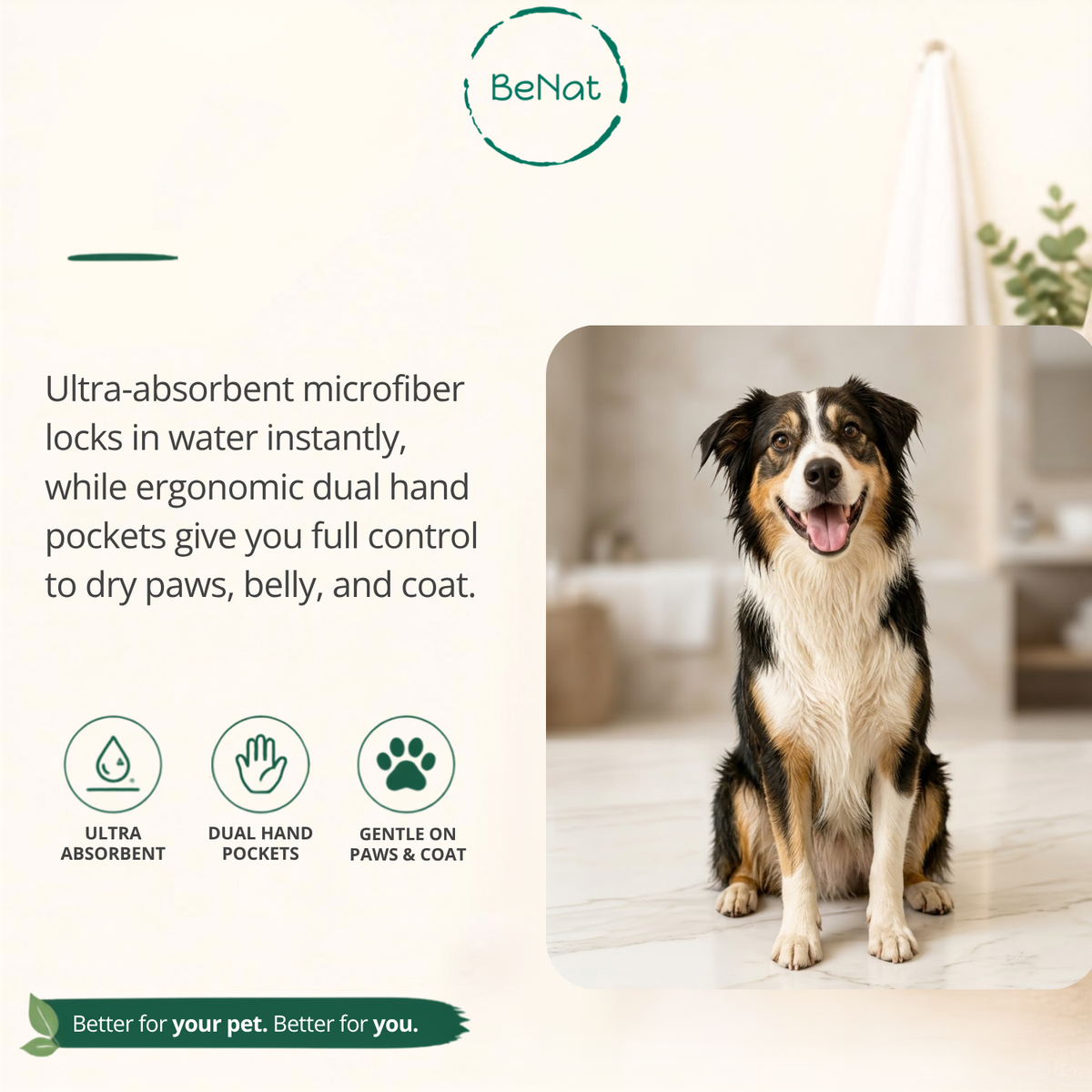 BeNat Pets. Dog Bath Towel Double Drop Pocket Design